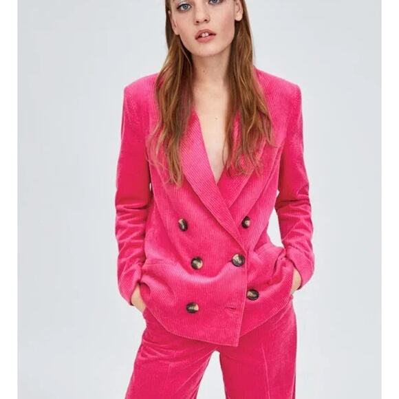 ZARA Corduroy Blazer Double Breasted Jacket Barbiecore Pink - Picture 1 of 15